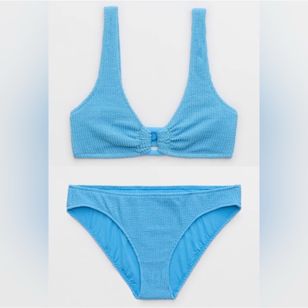Aerie Bikini Set, Blue Spark Shimmery Crinkle Ring Top/ Full Coverage Bottoms